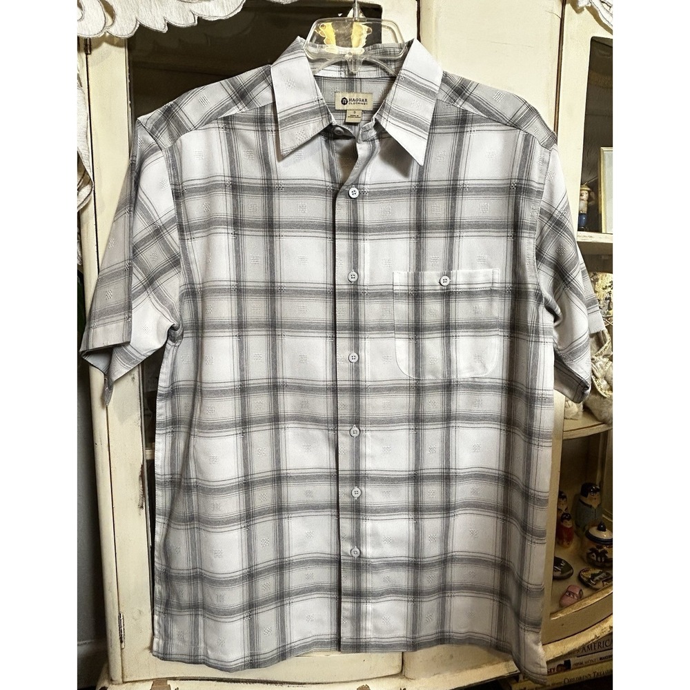 Haggar Clothing Gray Plaid Button Down Short Sleeve Men's Shirt Size Small
